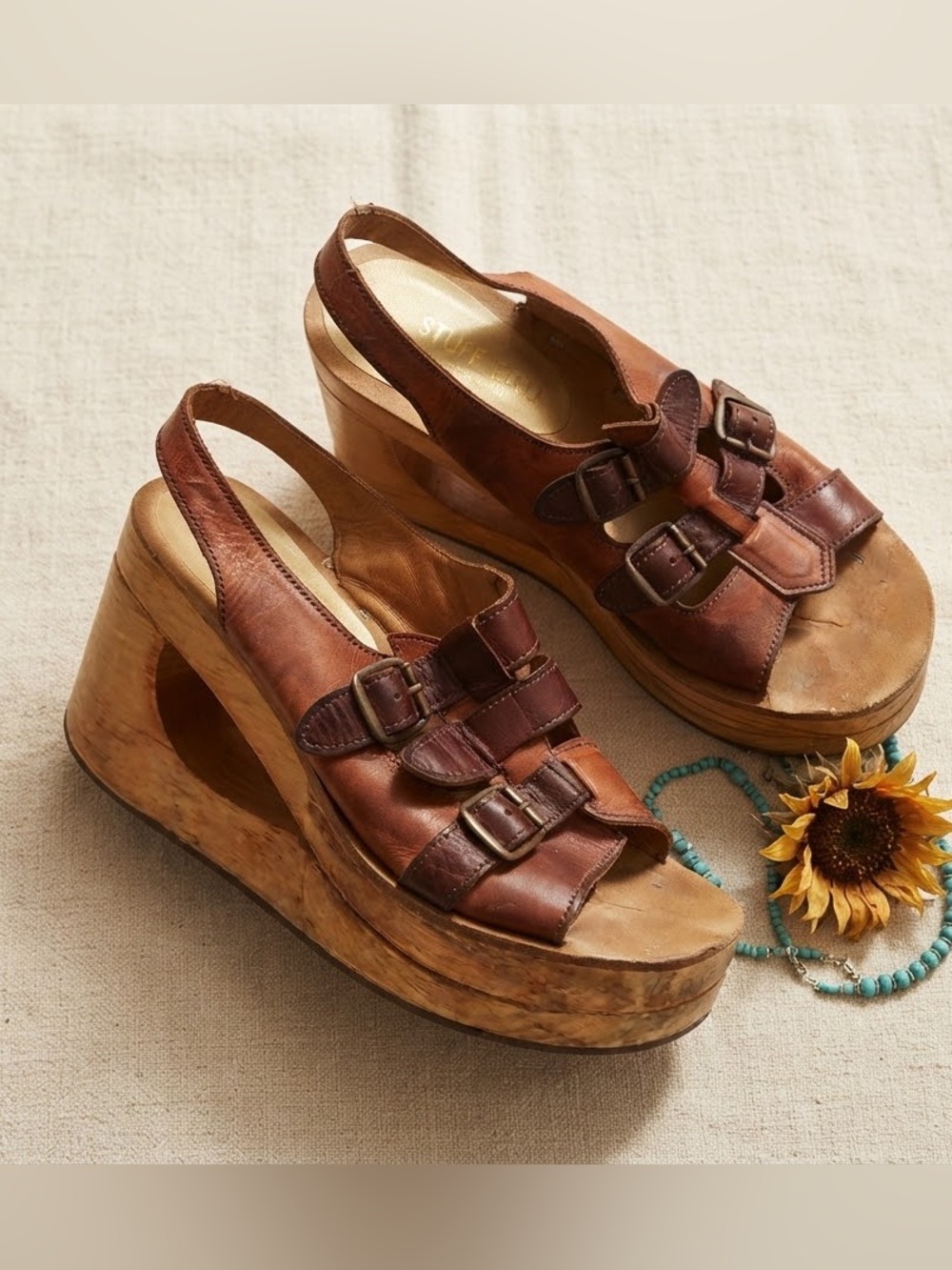 Vintage 70s "Stuff" Brown Leather Gladiator Platform Wedge Sandals - Size 7-7.5